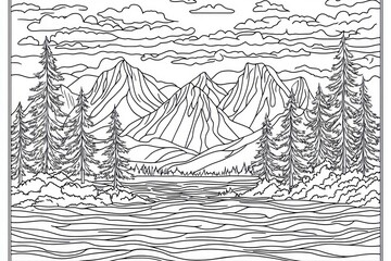 Line art mountain lake coloring page