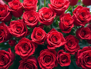 Naklejka premium Natural fresh pattern with red roses. Top view, wall background with red roses.