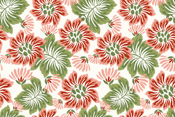 Red and pink flowers seamless pattern,vector illustration,hand drawn seamless pattern,ikat embroidery.