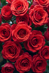 Naklejka premium Natural fresh pattern with red roses. Top view, wall background with red roses.