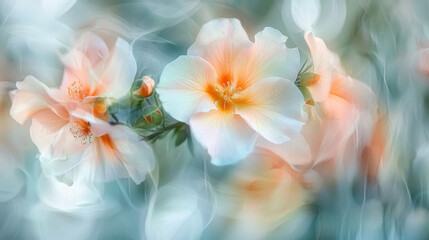 Obraz premium Abstract blurred background of green white pastel floral bouquet flowers, grunge soft colors romantic botanical gradient aesthetic flow bloom dreamy vintage texture pattern painting illustration