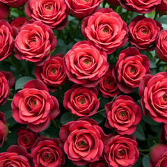 Fototapeta premium Natural fresh pattern with red roses. Top view, wall background with red roses.