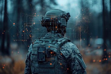 Soldier in tactical gear utilizing advanced technology for mission planning in a forested area