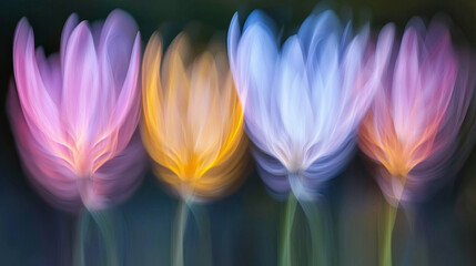 Abstract blurred background of colorful rainbow x-ray tulips row flowers, spring soft colors romantic botanical gradient aesthetic flow bloom dreamy vintage texture pattern painting illustration