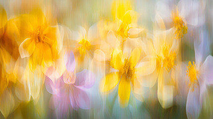 Fototapeta premium Abstract blurred background of yellow rainbow silk floral bouquet flowers, spring soft colors romantic botanical gradient aesthetic flow bloom dreamy vintage texture pattern painting illustration