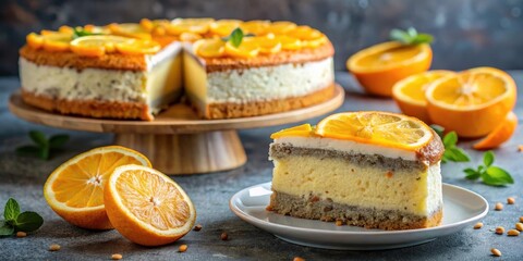 Moist vanilla cake with a layer of orange zest and poppy seeds on top, surrounded by a scattering of fresh oranges slices, homemade cheese cake, sweet