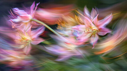 Fototapeta premium Abstract blurred background of pink green silk lotus bouquet flowers, spring soft colors romantic botanical gradient aesthetic flow bloom dreamy vintage texture pattern painting illustration