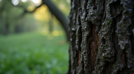 Obraz premium Raindrops glistening on the rough bark of an ancient oak tree, soft forest light in the background
