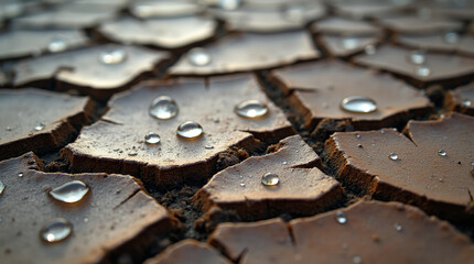 Raindrops on a cracked, dried mud surface, creating a juxtaposition of water and drought