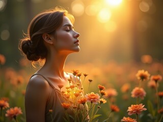 Naklejka premium Romanticism captured in a serene moment with a woman surrounded by blooming flowers during golden hour in a tranquil field