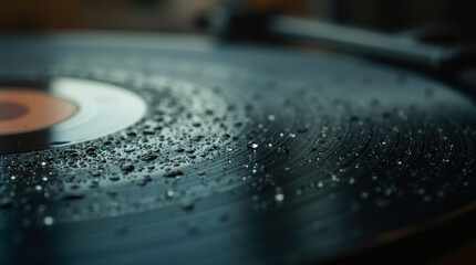 Raindrops on the surface of a vintage vinyl record
