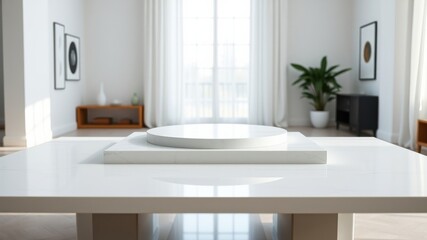 Elegant white marble display platform on a modern coffee table in a minimalist living room setting