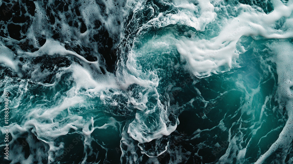 Poster aerial view of ocean waves with white foam and turquoise water patterns
