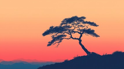 Serene Sunset: Silhouette of a Lone Tree on a Mountain Ridge