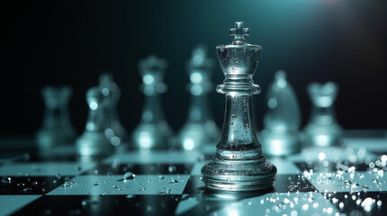 Water droplets clinging to a glass chess piece, with a dramatic backlight