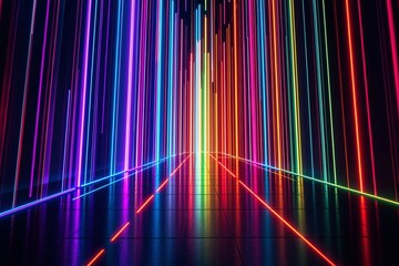 Colorful neon vertical and horizontal light beams in vibrant hues on a glossy reflective surface. Futuristic and dynamic energy concept