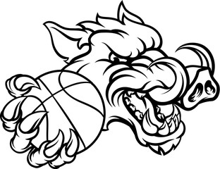 A wild boar, hog razorback warthog pig mean tough cartoon sports mascot holding a basketball ball