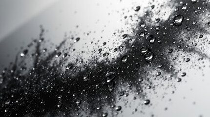 Water droplets on a modern black-and-white abstract painting, creating reflective distortions