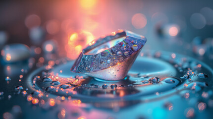 Water droplets scattered on a crystal-clear diamond, refracting brilliant rainbow light