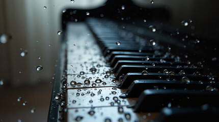 Water droplets scattered on a polished black piano surface, reflecting sheet music