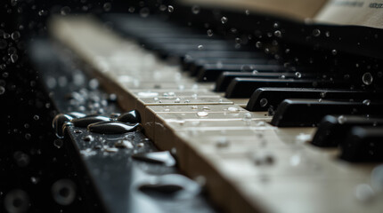 Water droplets scattered on a polished black piano surface, reflecting sheet music
