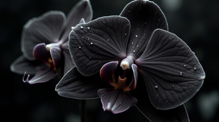 Water droplets scattered on a velvety black orchid