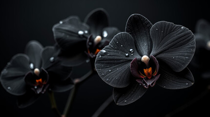 Water droplets scattered on a velvety black orchid