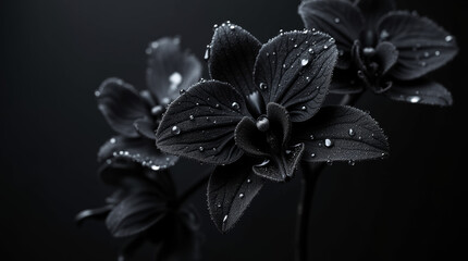 Water droplets scattered on a velvety black orchid