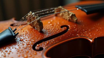 Water droplets scattered on the surface of a polished wooden violin, with warm ambient lighting