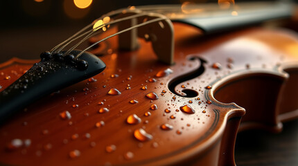 Water droplets scattered on the surface of a polished wooden violin, with warm ambient lighting
