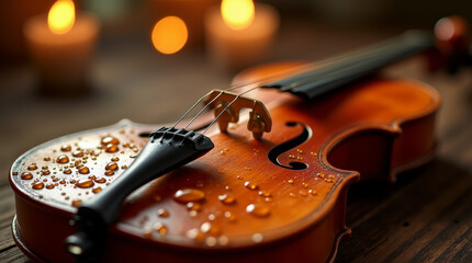 Water droplets scattered on the surface of a polished wooden violin, with warm ambient lighting