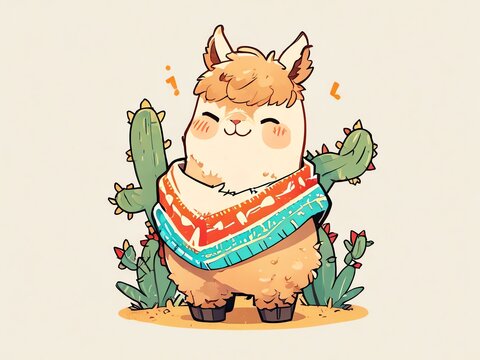 cute llama wearing colorful poncho with cacti clip art preview