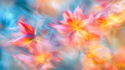 Fototapeta premium Abstract blurred background of orange blue silk floral bouquet flowers, spring soft colors romantic botanical gradient aesthetic flow bloom dreamy vintage texture pattern painting illustration