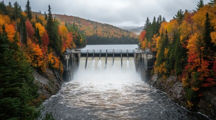 Majestic Autumn Landscape Featuring a Scenic Dam Surrounded by Vibrant Fall Foliage and a Serene Body of Water Reflecting Nature's Colors