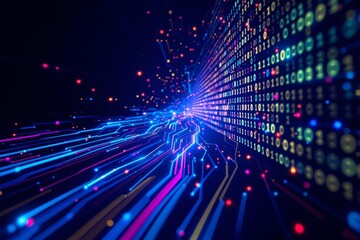 Naklejka premium Abstract depiction of glowing data streams and binary code, vibrant neon colors over a dark backdrop. Concept of technology, data transfer