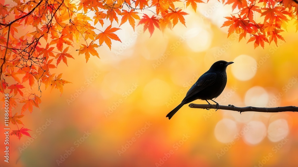 Poster a silhouette of a bird perched on a branch, framed by vibrant autumn leaves, creating a serene and p