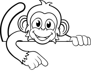 A monkey cartoon character animal peeking over a sign and pointing at it