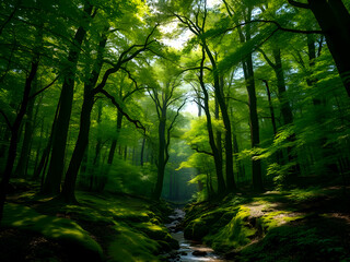 Obraz premium lush forest filled with towering trees, their leaves forming a vibrant canopy overhead. Sunlight filters through the branches, casting dappled patterns on the forest floor