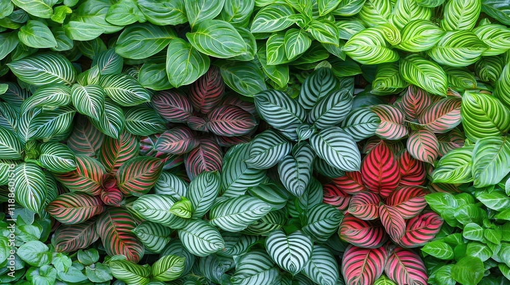 Poster A vibrant array of leafy plants displaying various shades of green, with intricate patterns and some hints of red, creating a lush, textured background.
