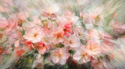 Abstract blurred background of colorful rainbow pastel floral bouquet flowers, grunge soft colors romantic botanical gradient aesthetic flow bloom dreamy vintage texture pattern painting illustration
