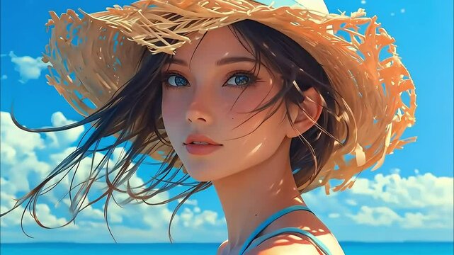 Anime girl, summer concept, sun and beach, animated illustration, digital art