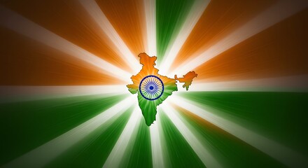 Radiant artistic burst featuring Indian map in tricolor theme with Ashoka Chakra celebrating patriotism and pride for Republic Day design poster and background