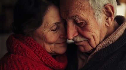 The gentle embrace of an elderly couple is beautifully portrayed, showcasing the enduring love and warmth they share in their later years.