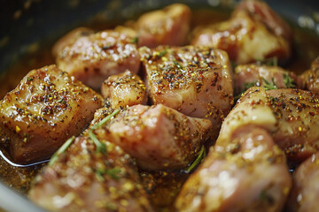 Freshly marinated cubes of beef served on a black plate with herbs and spices ready for grilling or searing at a backyard barbecue gathering