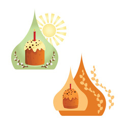  Illustration of an Easter cake with icing and a lit candle. Traditional Russian holiday Easter cupcakes. Русские куличи.