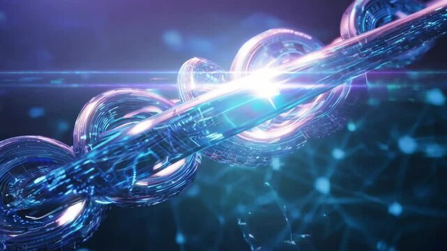 A close-up of a glowing digital chain symbolizing blockchain technology, featuring interconnected links illuminated with blue and purple lights. The futuristic design represents security, connectivity