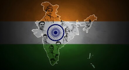 Indian freedom fighter portrait overlayed on tricolor map symbolizing unity patriotism and history for republic day celebration background