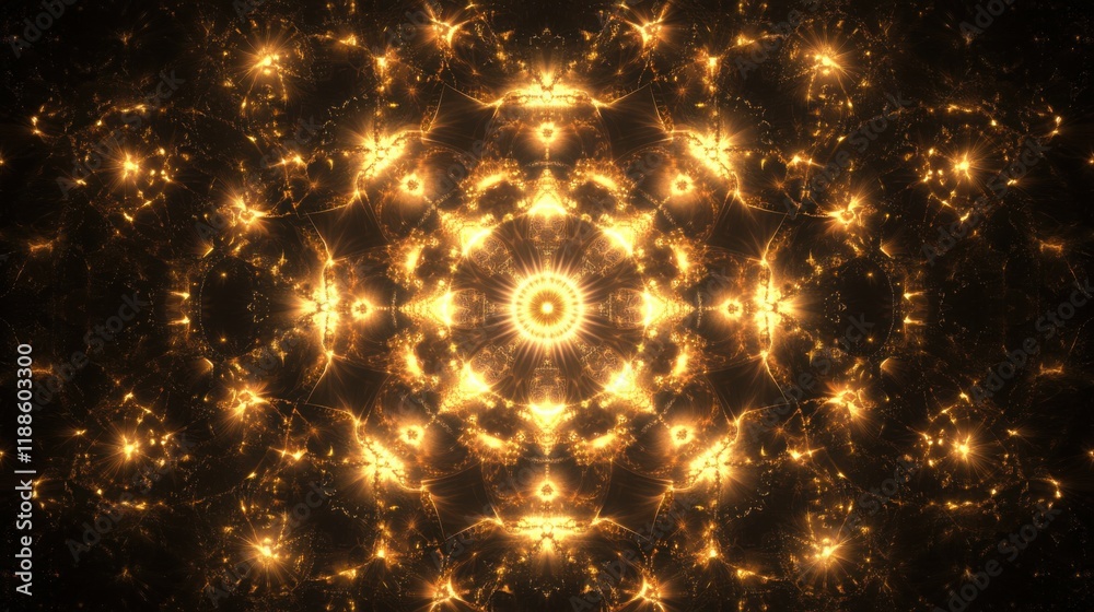 Poster Golden Light Burst Abstract Patterns in a Symmetrical Design with Glittering Effects and Radiant Glow Emphasizing Science and Technology Concepts