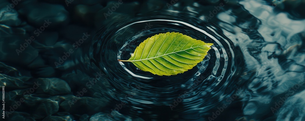 Poster a vibrant green leaf floats on the surface of dark water, creating gentle ripples that enhance the s