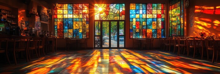 Sunlit Stained Glass Embracing Colorful Serenity in a Cozy Interior Ambiance